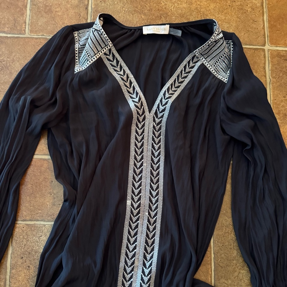 Ramy Brook beautiful black blouse - low v neck maxi- pretty embroidery print XS